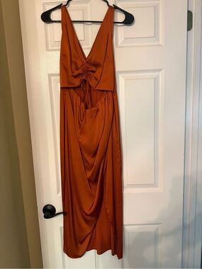 Abercrombie & Fitch Satin Rust Maxi Dress with Ruched V-Neck